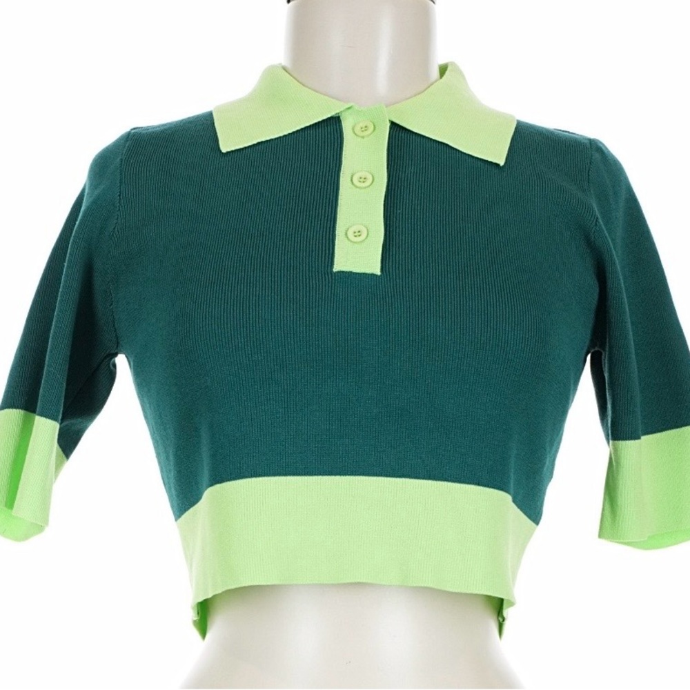 Cropped Polo Knit Top in Forest Green and Lime